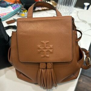 Tory Burch Thea Mini Leather Backpack, Rich Tan Pebbled Leather